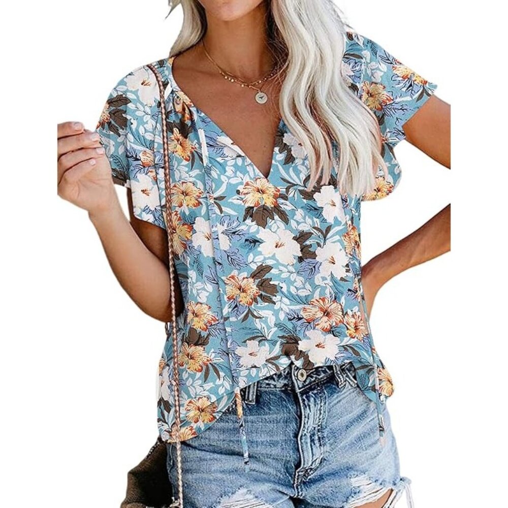 SimpleFun Floral V Neck Blouse Womens 2XL Blue Multi Summer Bohemian Hippie NEW
